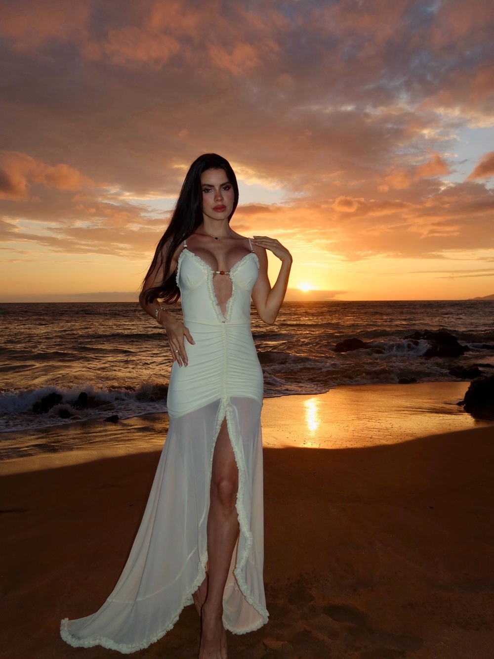 Lemon Lace-Trim Plunge Maxi Dress with High Front Slit